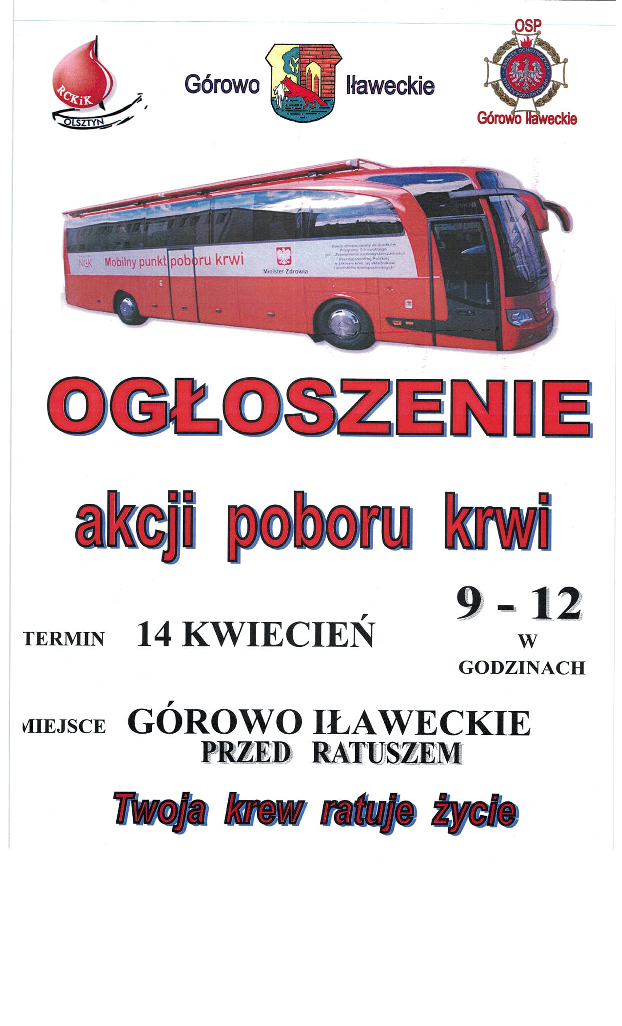 Informacja o akcji poboru krwi.