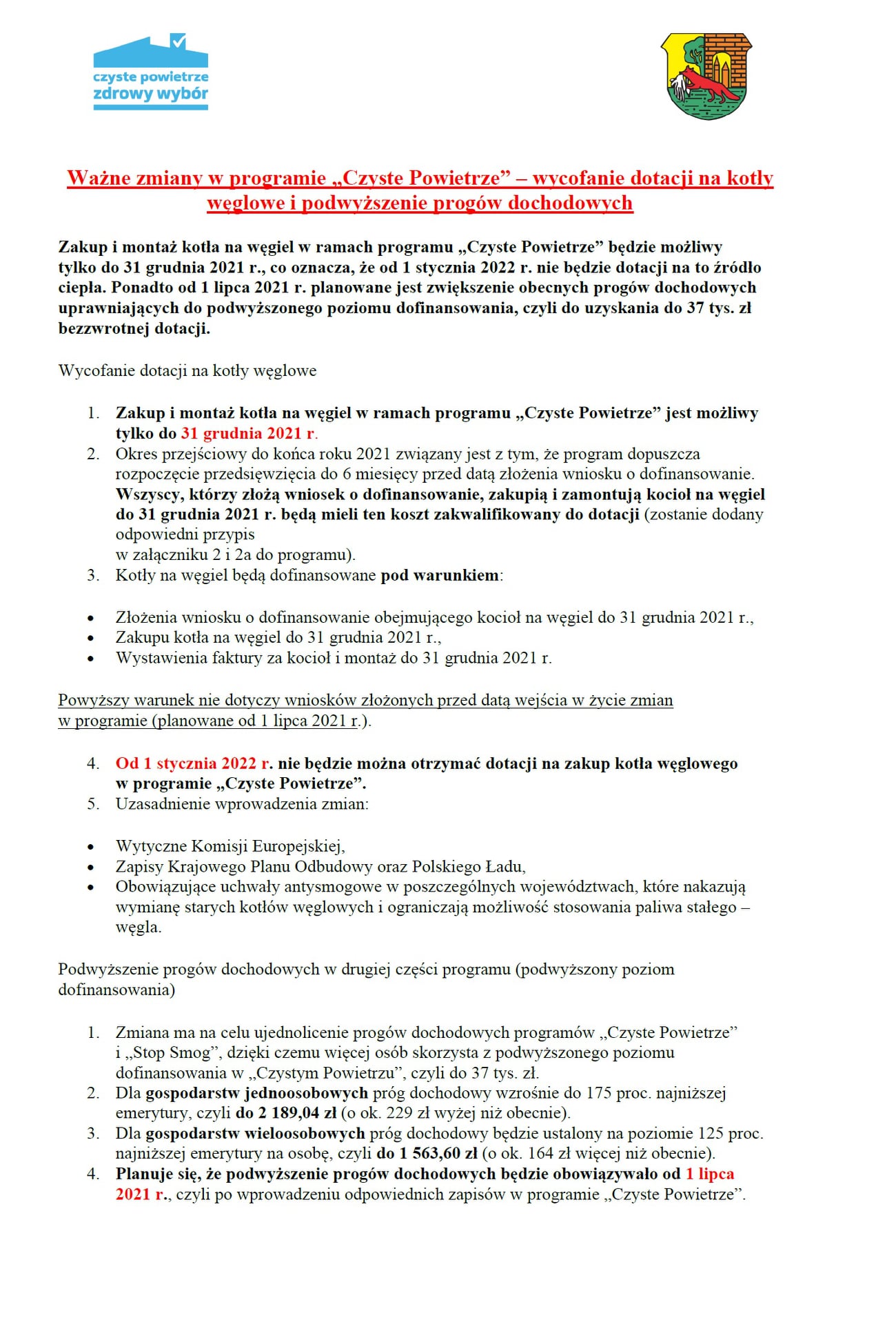 Plakat z informacją o ważnych zmiana w programie "Czyste Powietrze"