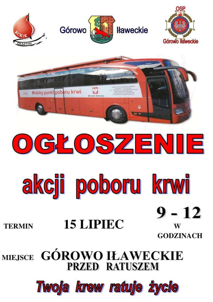 Ogłoszenie o akcji poboru krwi w terminie 15 lipca