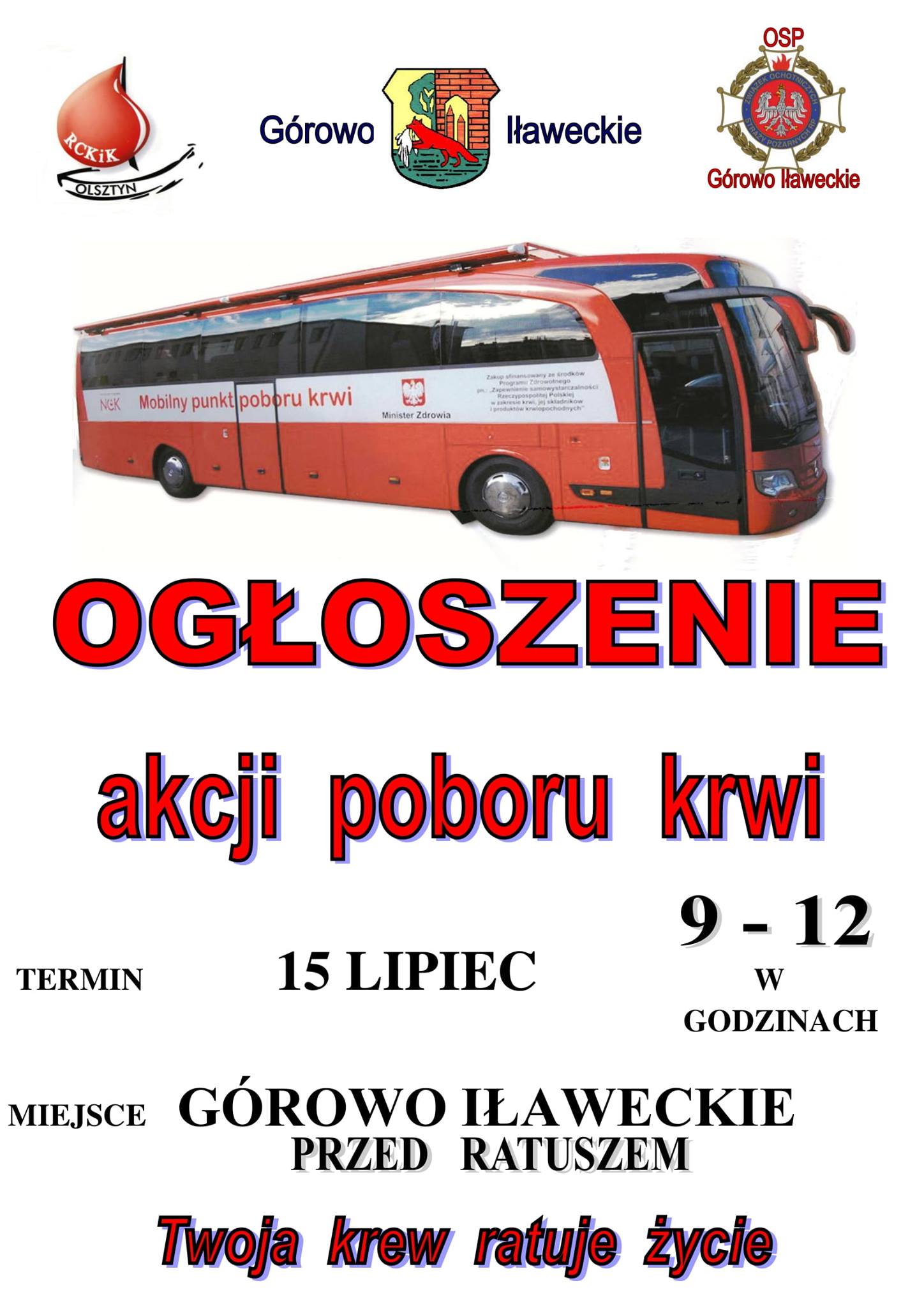 Ogłoszenie o akcji poboru krwi w terminie 15 lipca