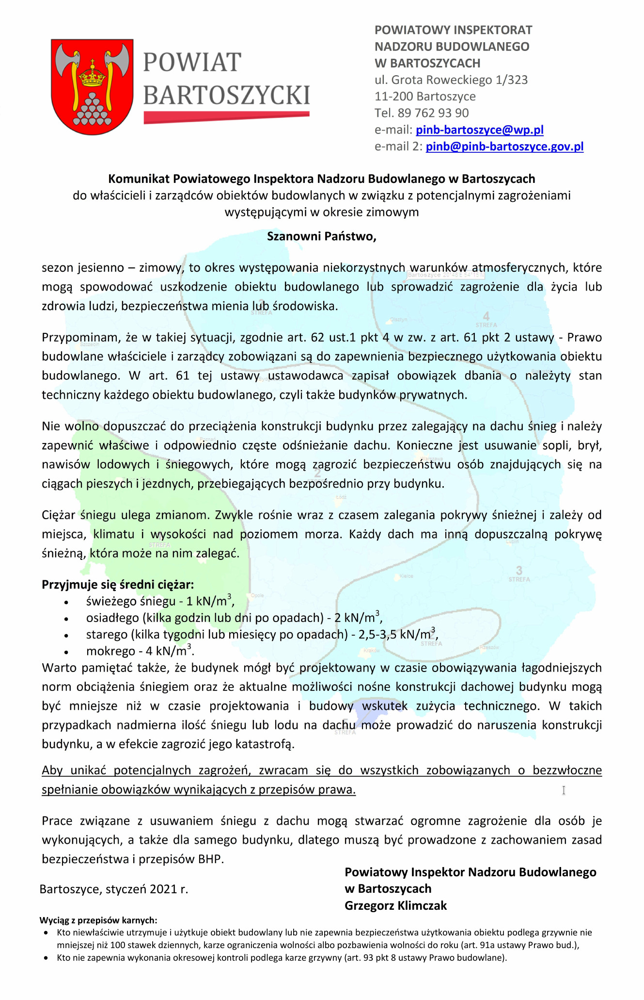 Komunikat Powiatowego Inspektora Nadzoru Budowlanego w sprawie odśnieżania dachów.