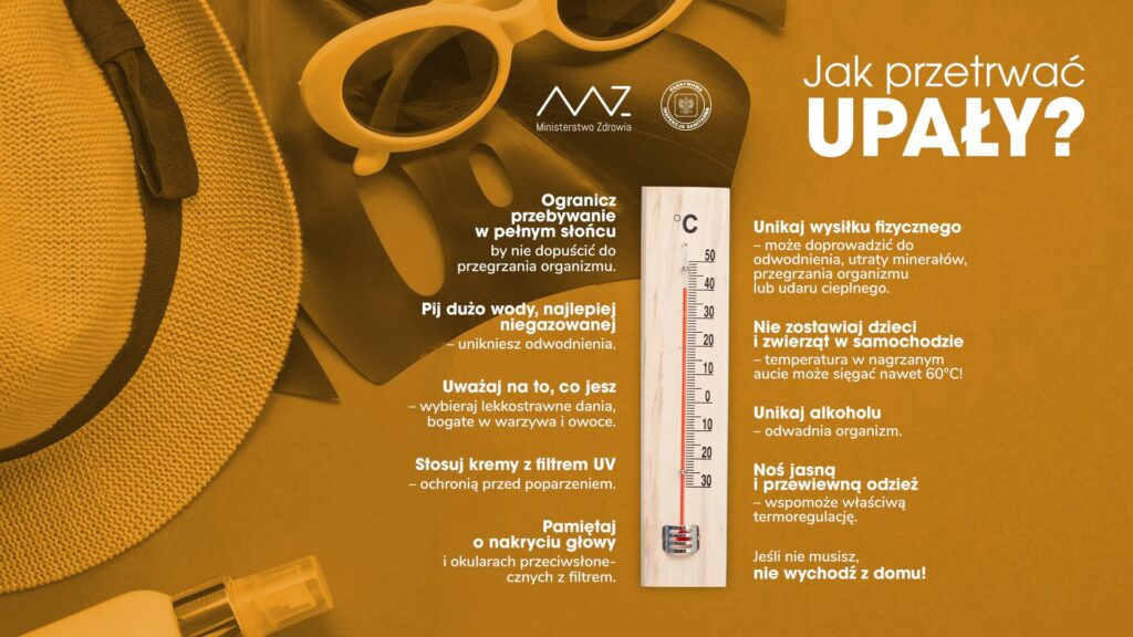 Plakat z informacją jak przetrwać upały.
