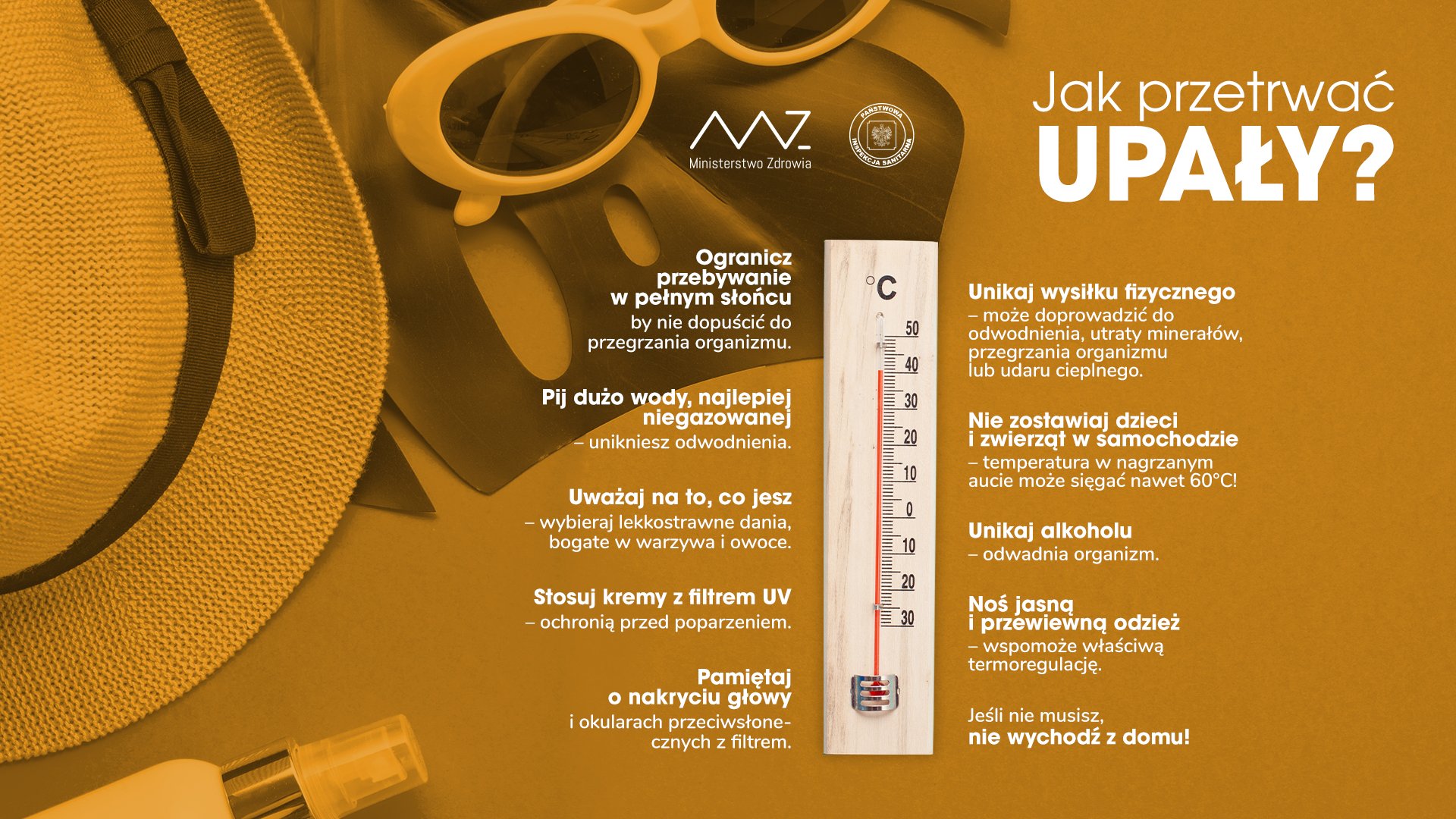 Plakat z informacją jak przetrwać upały.