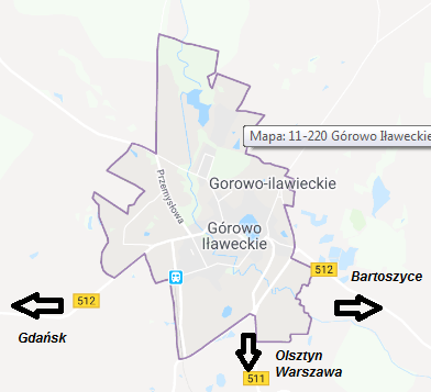 Mapa google maps z zaznaczonym terenem Miasta i kierunkami do najważniejszych ośrodków miejskich