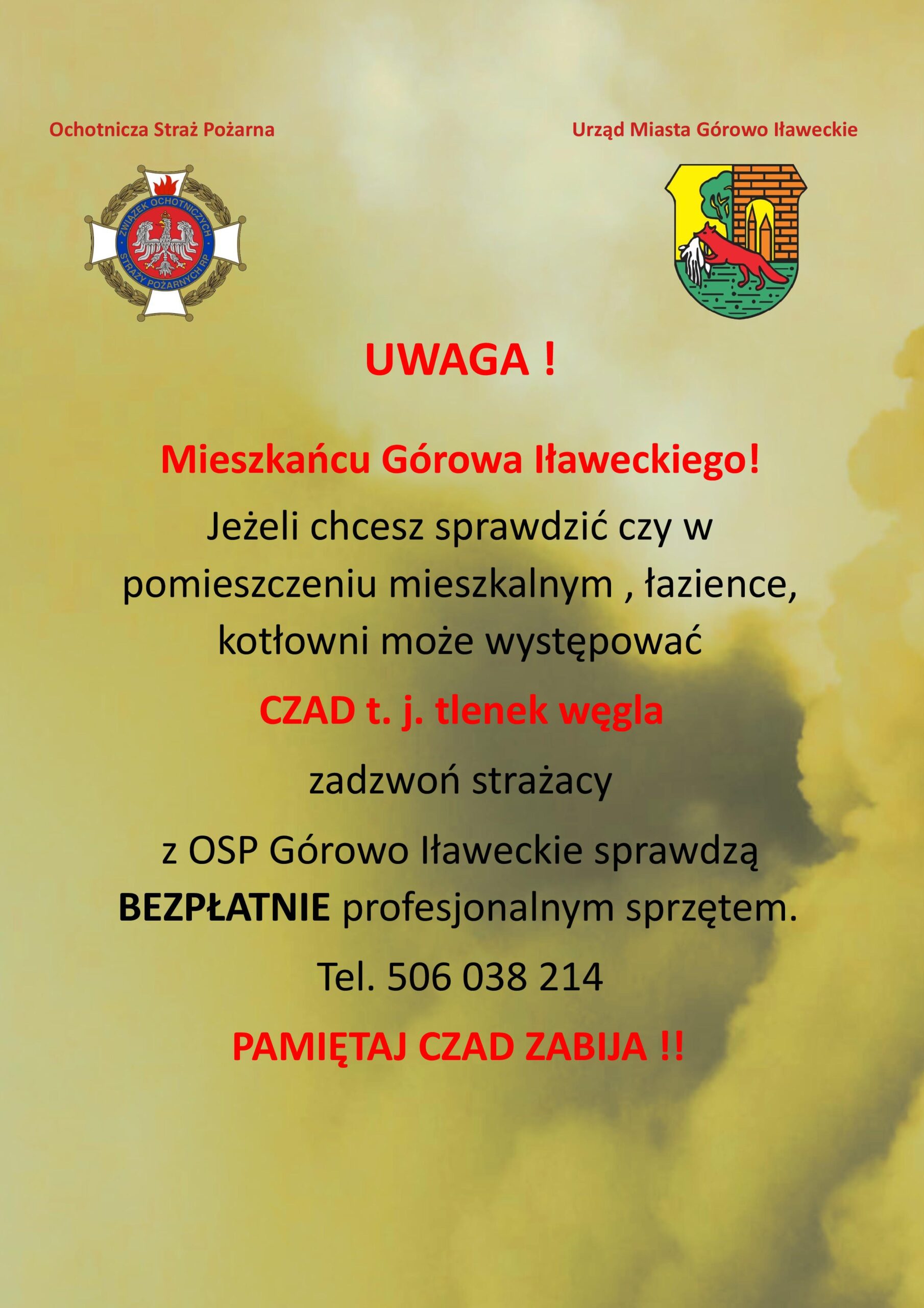 Informacja o bezpłatnych sprawdzeniu pod kątem wydobywania się czadu.